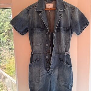 Pistola Utilitarian Women's Denim Short-Sleeve ROMPER in Faded Blue
